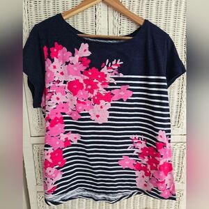 Talbots Navy and Pink Floral Striped Tee XL